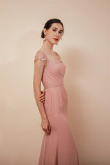 Dusty Pink Cap sleeves Chiffon Column Evening Dress-stylesnuggle