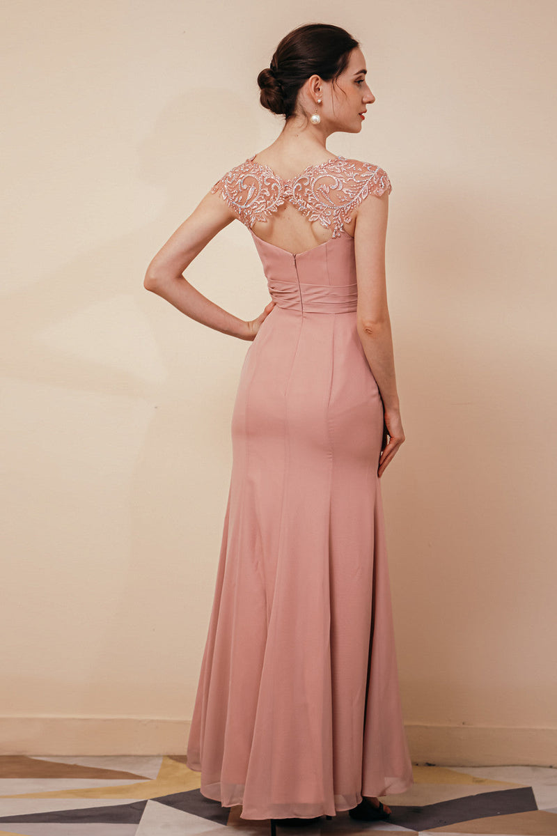 Dusty Pink Cap sleeves Chiffon Column Evening Dress-stylesnuggle