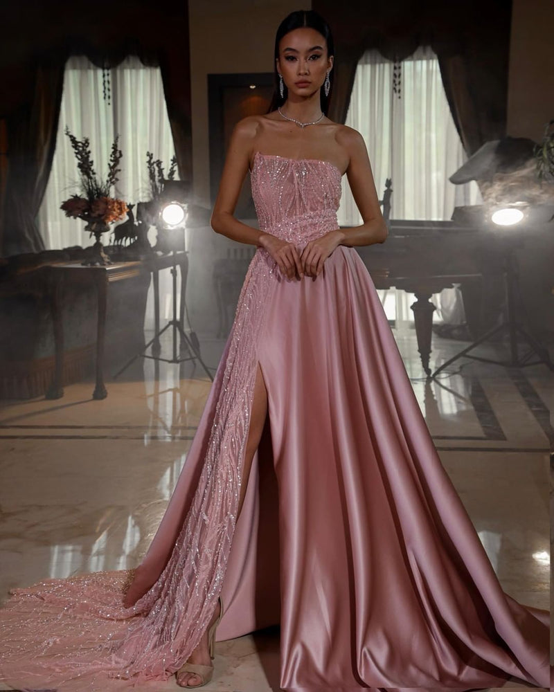 Dusty Pink Strapless Sequins Evening Dress Long Slit On Sale-stylesnuggle