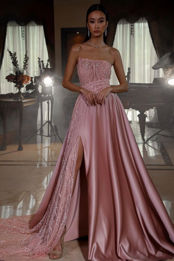 Dusty Pink Strapless Sequins Evening Dress Long Slit On Sale-stylesnuggle