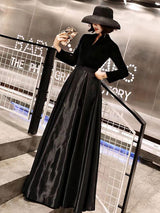 Black Evening Dresses Long V Neck Velvet Satin Patchwork Maxi Dresses