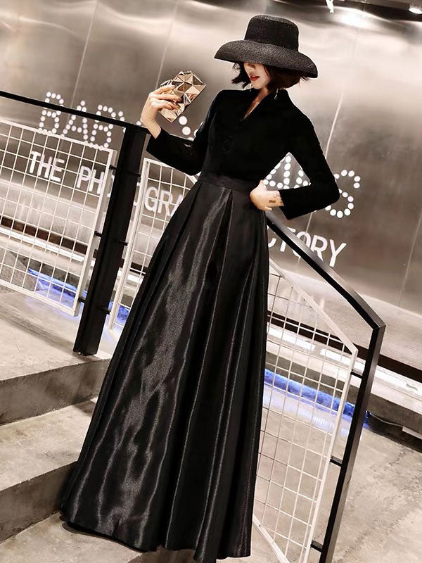 Black Evening Dresses Long V Neck Velvet Satin Patchwork Maxi Dresses