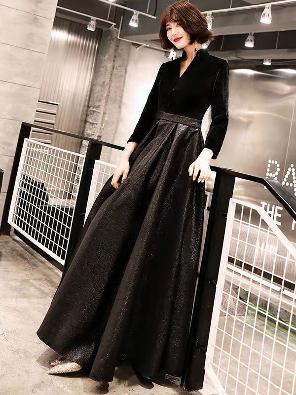 Black Evening Dresses Long V Neck Velvet Satin Patchwork Maxi Dresses