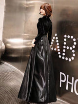 Black Evening Dresses Long V Neck Velvet Satin Patchwork Maxi Dresses