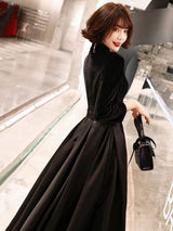 Black Evening Dresses Long V Neck Velvet Satin Patchwork Maxi Dresses