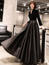 Black Evening Dresses Long V Neck Velvet Satin Patchwork Maxi Dresses