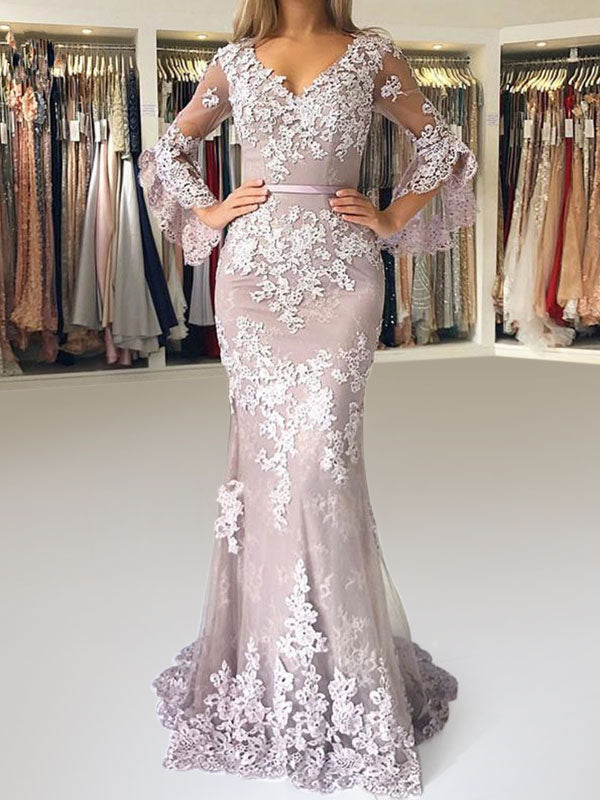 Evening Dress Mermaid V Neck Long Sleeves Zipper Lace Satin Fabric Formal Party Dresses With Train, fast delivery worldwide.