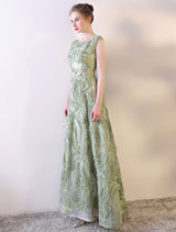 Evening Dresses Long Sage Green Embossment Fabric Texture Sleeveless A Line Floor Length With Sash Wedding Guest Dress