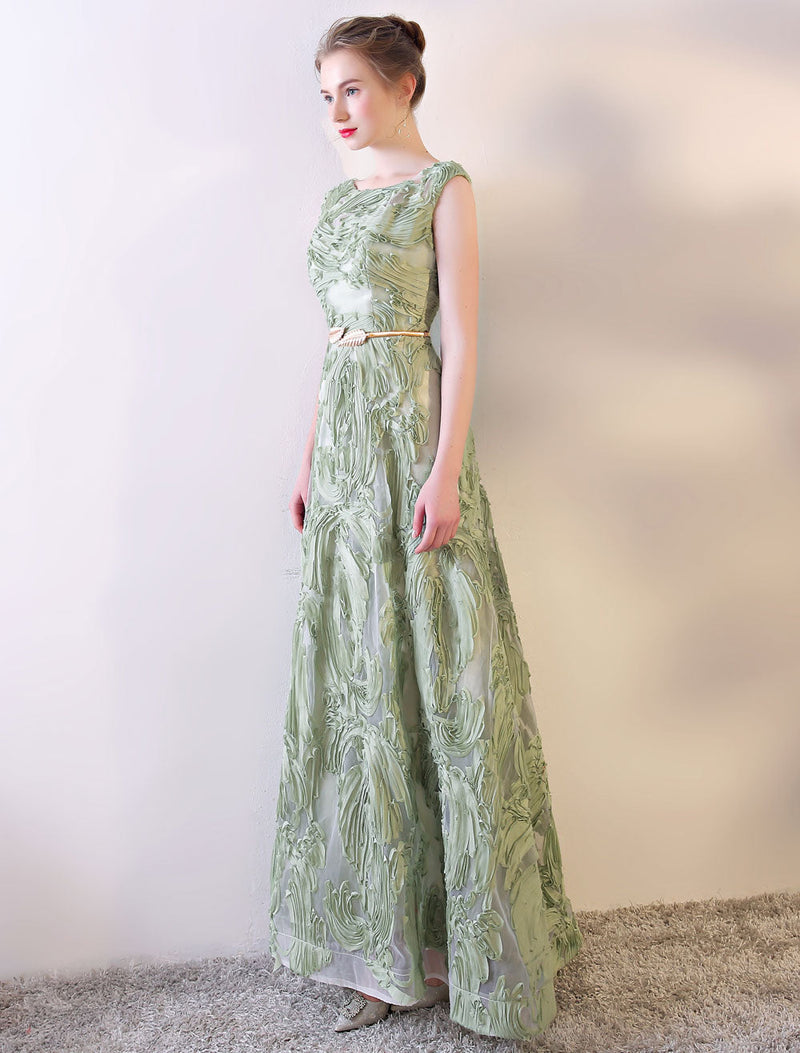 Evening Dresses Long Sage Green Embossment Fabric Texture Sleeveless A Line Floor Length With Sash Wedding Guest Dress