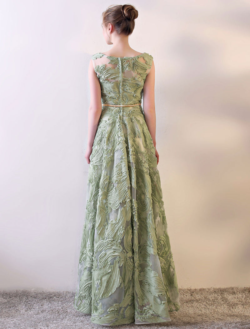 Evening Dresses Long Sage Green Embossment Fabric Texture Sleeveless A Line Floor Length With Sash Wedding Guest Dress