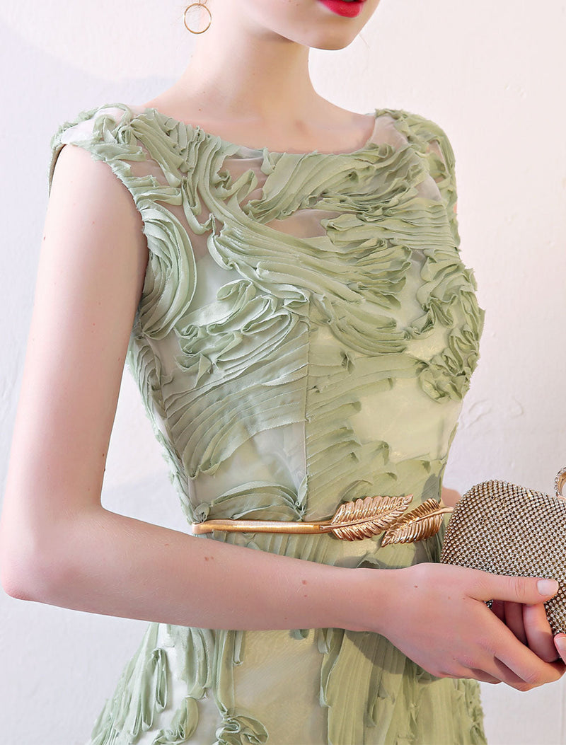 Evening Dresses Long Sage Green Embossment Fabric Texture Sleeveless A Line Floor Length With Sash Wedding Guest Dress