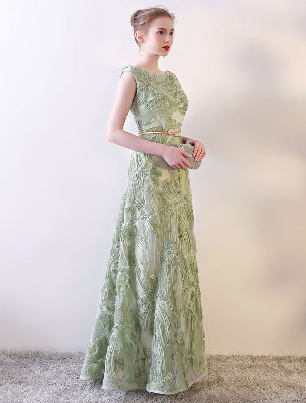 Evening Dresses Long Sage Green Embossment Fabric Texture Sleeveless A Line Floor Length With Sash Wedding Guest Dress