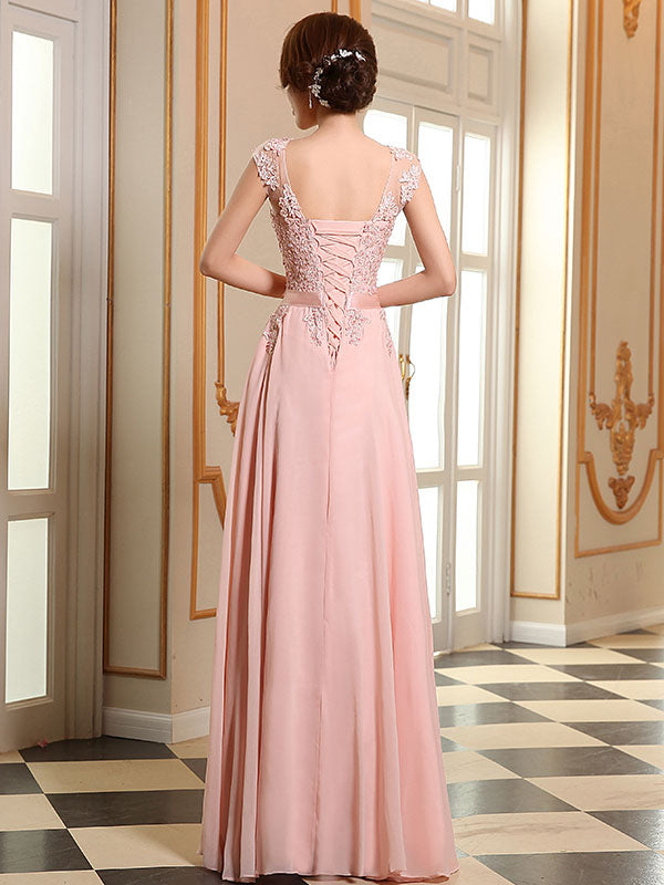 Evening Dresses Soft Pink Lace Applique Evening Dresses Chiffon Sleeveless Sash Floor Length Formal Gowns