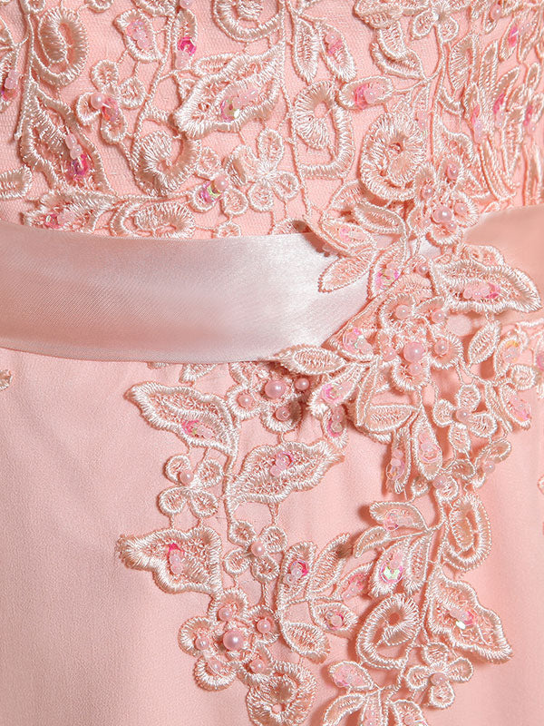 Evening Dresses Soft Pink Lace Applique Evening Dresses Chiffon Sleeveless Sash Floor Length Formal Gowns