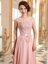 Evening Dresses Soft Pink Lace Applique Evening Dresses Chiffon Sleeveless Sash Floor Length Formal Gowns