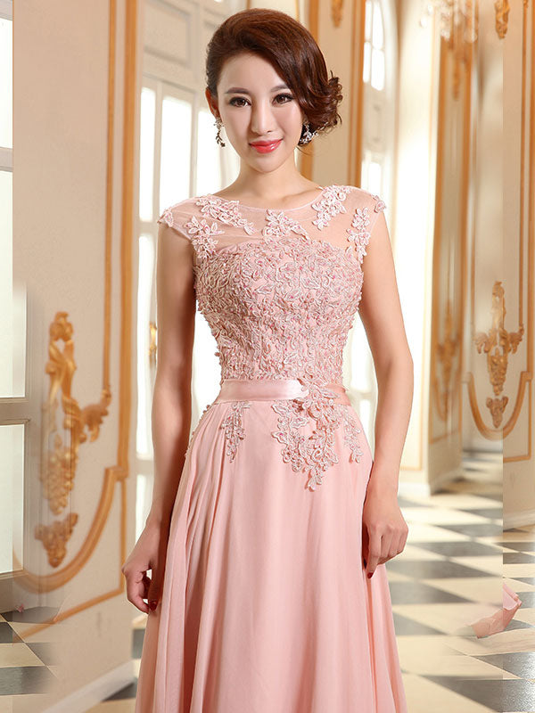 Evening Dresses Soft Pink Lace Applique Evening Dresses Chiffon Sleeveless Sash Floor Length Formal Gowns