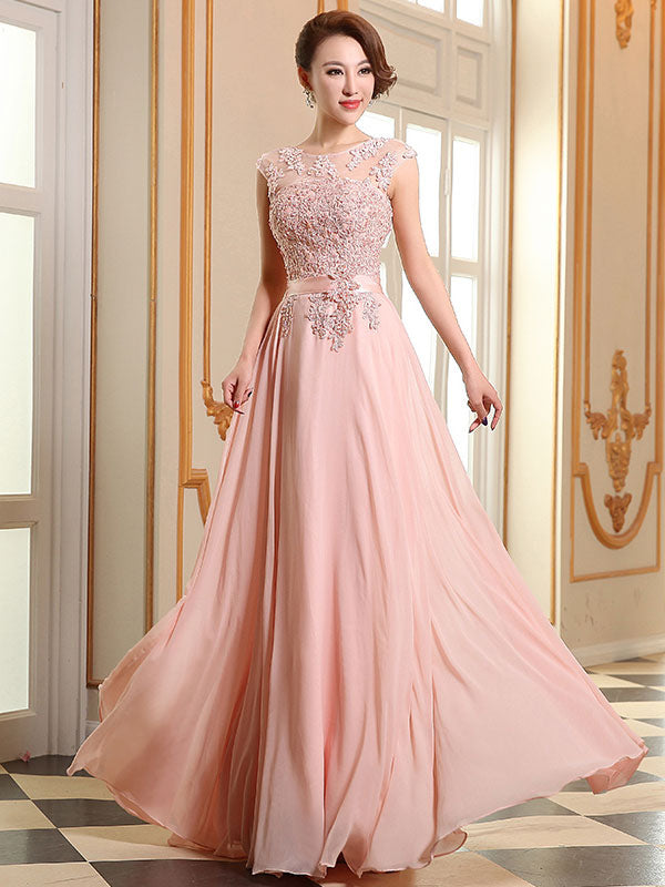 Evening Dresses Soft Pink Lace Applique Evening Dresses Chiffon Sleeveless Sash Floor Length Formal Gowns