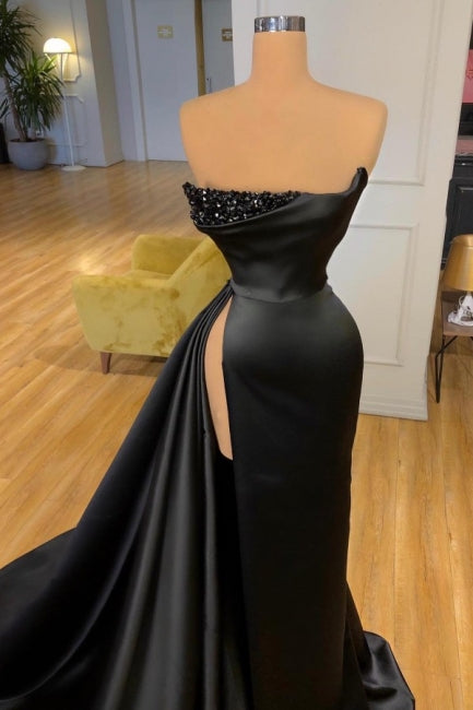 Elegant A-line Graduation Dresses Long Black Prom Dresses With Split Online-stylesnuggle