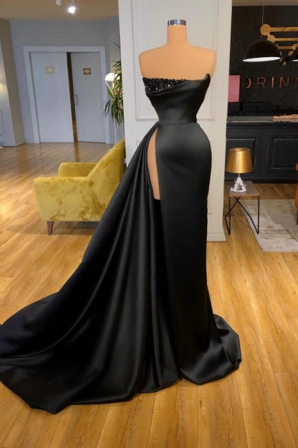 Elegant A-line Graduation Dresses Long Black Prom Dresses With Split Online-stylesnuggle