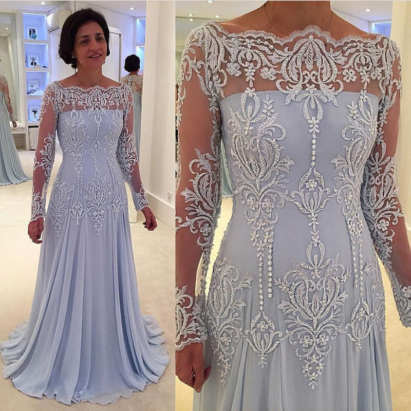 stylesnuggle offers Elegant A-line Lace Long-Sleeve Mother-the-bride Dress at a cheap price from Lace,  100D Chiffon to A-line Floor-length hem.. Gorgeous yet affordable Long Sleevess evening gowns online.