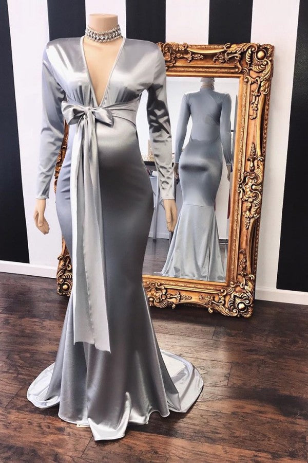 Looking for Prom Dresses, Evening Dresses in Stretch Satin,  style,  and Gorgeous work? stylesnuggle has all covered on this elegant Elegant Adjustable V-neck Long Sleevess Mermaid Pregnant Formal Dresses.