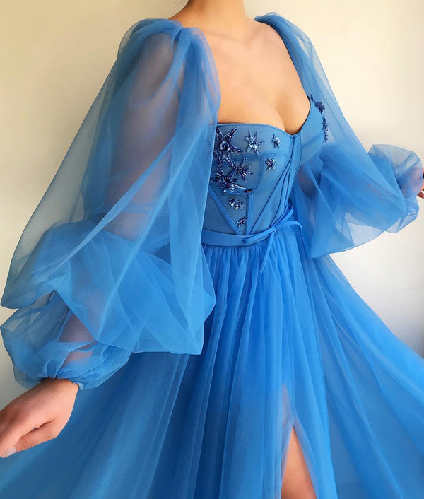 Elegant Blue Tulle Long Sleeves Prom Dress Sweetheart Long Beaded With Slit-stylesnuggle