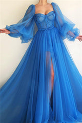 Elegant Blue Tulle Long Sleeves Prom Dress Sweetheart Long Beaded With Slit-stylesnuggle