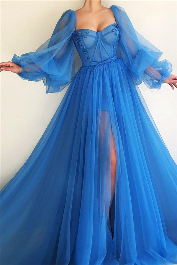 Elegant Blue Tulle Long Sleeves Prom Dress Sweetheart Long Beaded With Slit-stylesnuggle