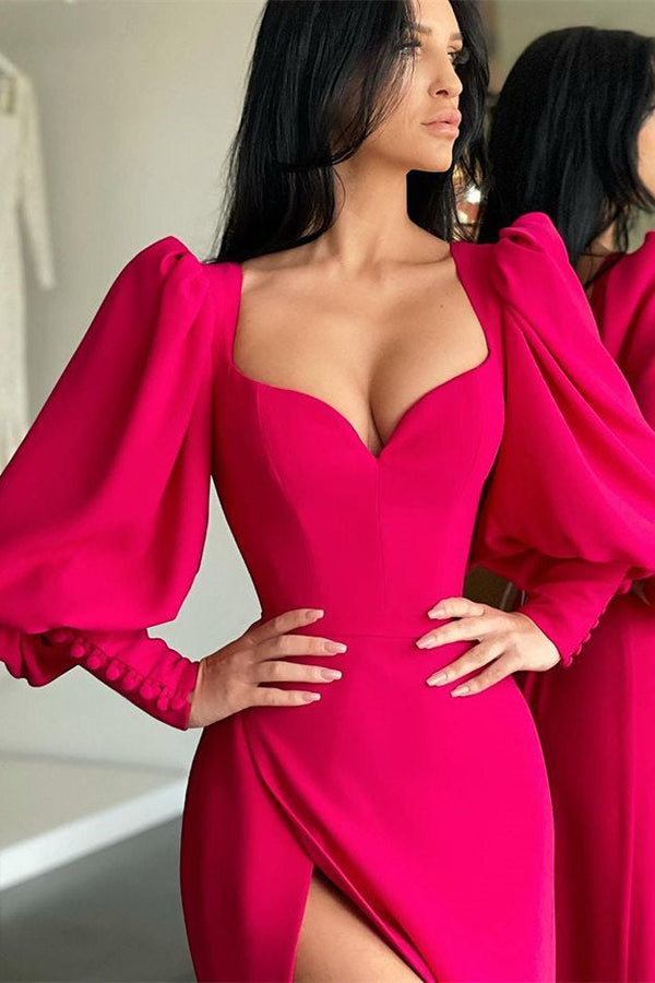 Elegant Bubble sleeves Sweetheart Red Side-cut Mermaid Prom Dress-stylesnuggle