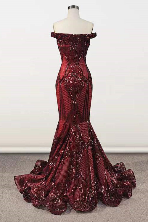 Elegant Burgundy Off-the-shoulder Mermaid Prom Dresses-stylesnuggle