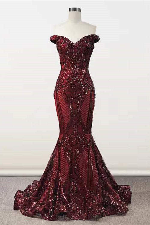 Elegant Burgundy Off-the-shoulder Mermaid Prom Dresses-stylesnuggle