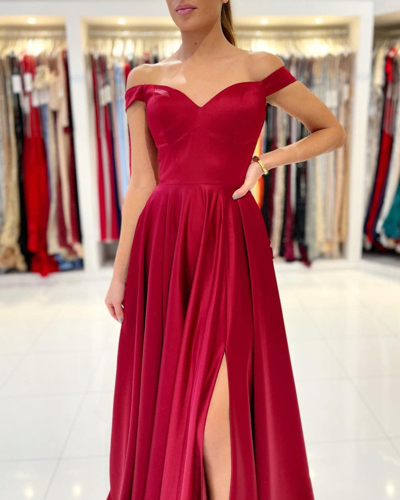 Elegant Burgundy Off-the-Shoulder Prom Dress Long With Split-stylesnuggle