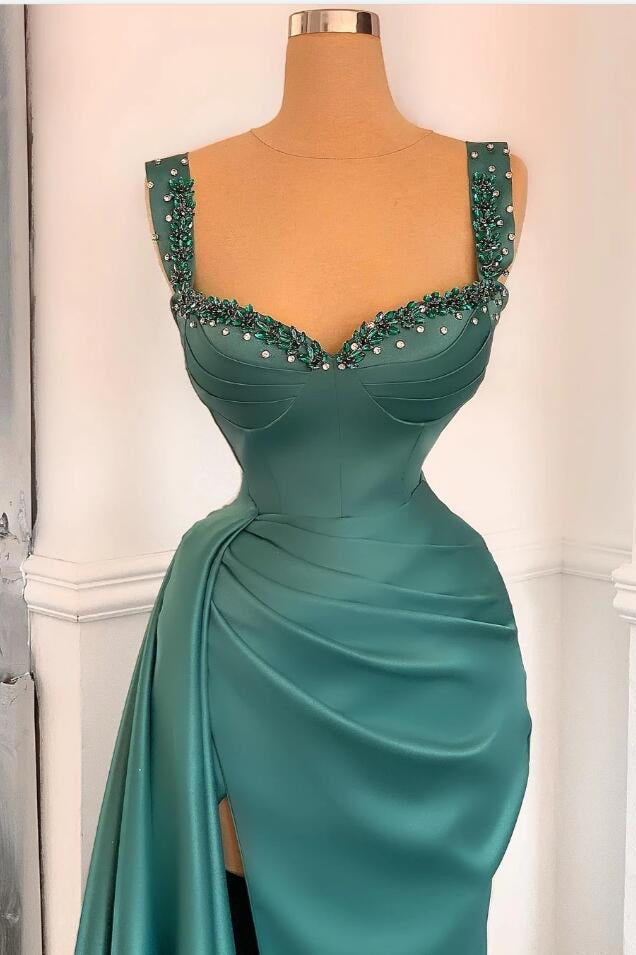 Elegant Green Sweetheart Straps Long Evening Dress With Beadings-stylesnuggle