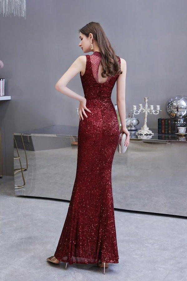 Looking for Prom Dresses, Evening Dresses, Homecoming Dresses, Quinceanera dresses in Tulle, Sequined,  Mermaid style,  and Gorgeous Sequined work? stylesnuggle has all covered on this elegant Elegant Illusion neck Burgundy Sleeveless Mermaid Prom Dress.