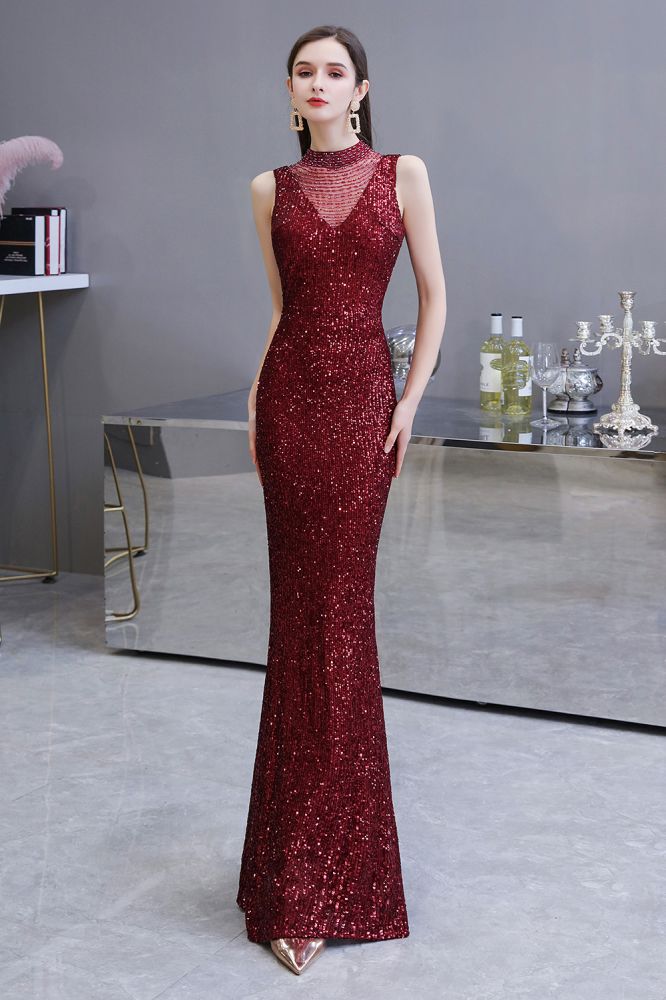 Looking for Prom Dresses, Evening Dresses, Homecoming Dresses, Quinceanera dresses in Tulle, Sequined,  Mermaid style,  and Gorgeous Sequined work? stylesnuggle has all covered on this elegant Elegant Illusion neck Burgundy Sleeveless Mermaid Prom Dress.