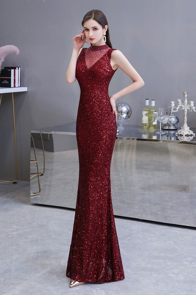 Looking for Prom Dresses, Evening Dresses, Homecoming Dresses, Quinceanera dresses in Tulle, Sequined,  Mermaid style,  and Gorgeous Sequined work? stylesnuggle has all covered on this elegant Elegant Illusion neck Burgundy Sleeveless Mermaid Prom Dress.