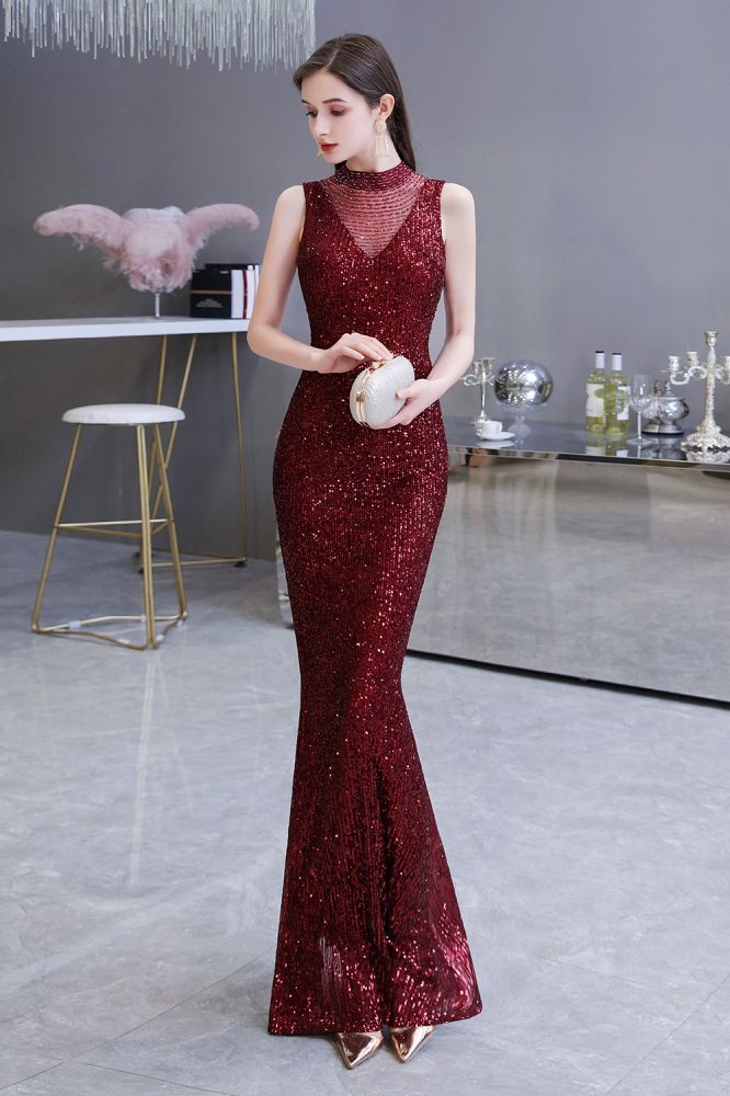 Looking for Prom Dresses, Evening Dresses, Homecoming Dresses, Quinceanera dresses in Tulle, Sequined,  Mermaid style,  and Gorgeous Sequined work? stylesnuggle has all covered on this elegant Elegant Illusion neck Burgundy Sleeveless Mermaid Prom Dress.