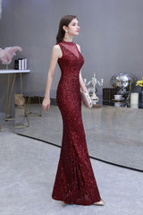 Looking for Prom Dresses, Evening Dresses, Homecoming Dresses, Quinceanera dresses in Tulle, Sequined,  Mermaid style,  and Gorgeous Sequined work? stylesnuggle has all covered on this elegant Elegant Illusion neck Burgundy Sleeveless Mermaid Prom Dress.