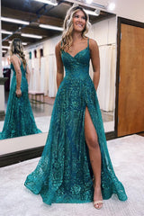 Elegant Long A-line Spaghetti Straps Lace Sleeveless Evening Prom Dresses With Slit-stylesnuggle