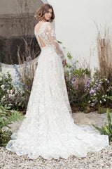 Elegant Long A-Line V-neck Lace Wedding Dresses With Long Sleeves-stylesnuggle