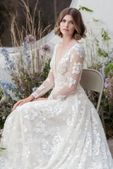 Elegant Long A-Line V-neck Lace Wedding Dresses With Long Sleeves-stylesnuggle