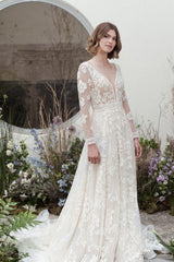 Elegant Long A-Line V-neck Lace Wedding Dresses With Long Sleeves-stylesnuggle