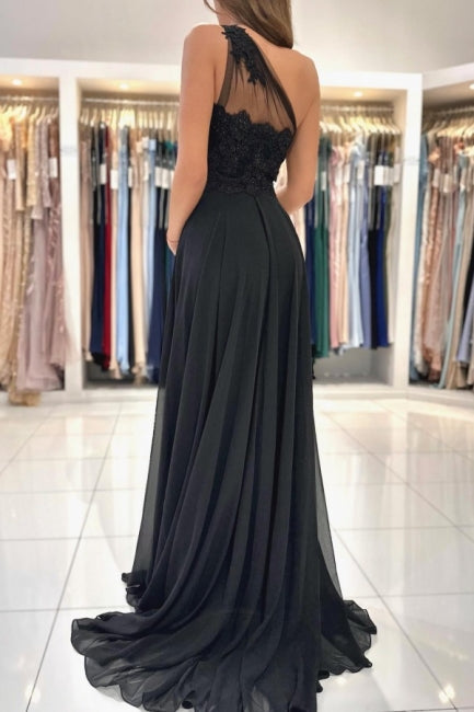 Elegant Long Black Graduation Dresses One Shoulder Lace Prom Dresses With Split Online-stylesnuggle