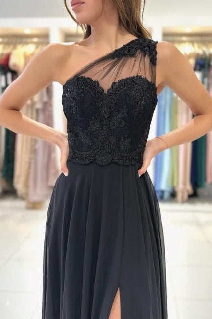 Elegant Long Black Graduation Dresses One Shoulder Lace Prom Dresses With Split Online-stylesnuggle