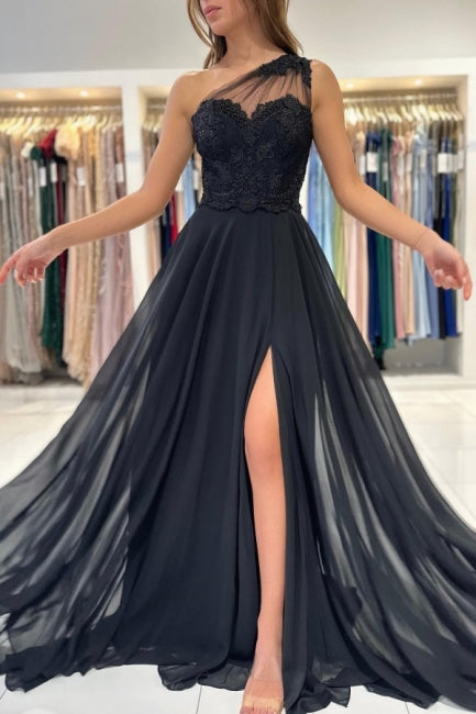 Elegant Long Black Graduation Dresses One Shoulder Lace Prom Dresses With Split Online-stylesnuggle