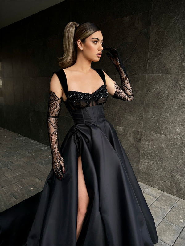 Elegant Long Black Lace Sleeveless Prom Dresses Long Slit Online-stylesnuggle