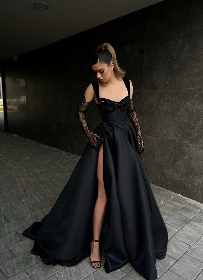 Elegant Long Black Lace Sleeveless Prom Dresses Long Slit Online-stylesnuggle