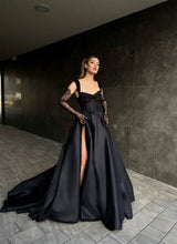 Elegant Long Black Lace Sleeveless Prom Dresses Long Slit Online-stylesnuggle