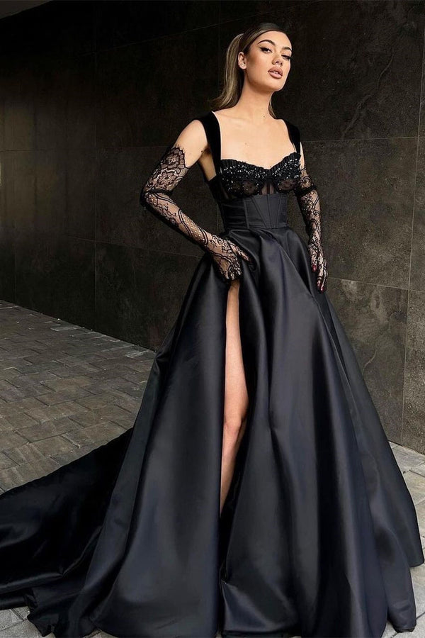 Elegant Long Black Lace Sleeveless Prom Dresses Long Slit Online-stylesnuggle