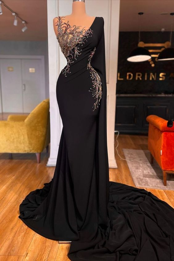 Elegant Long Black Mermaid Beading Lace Prom Dresses-stylesnuggle